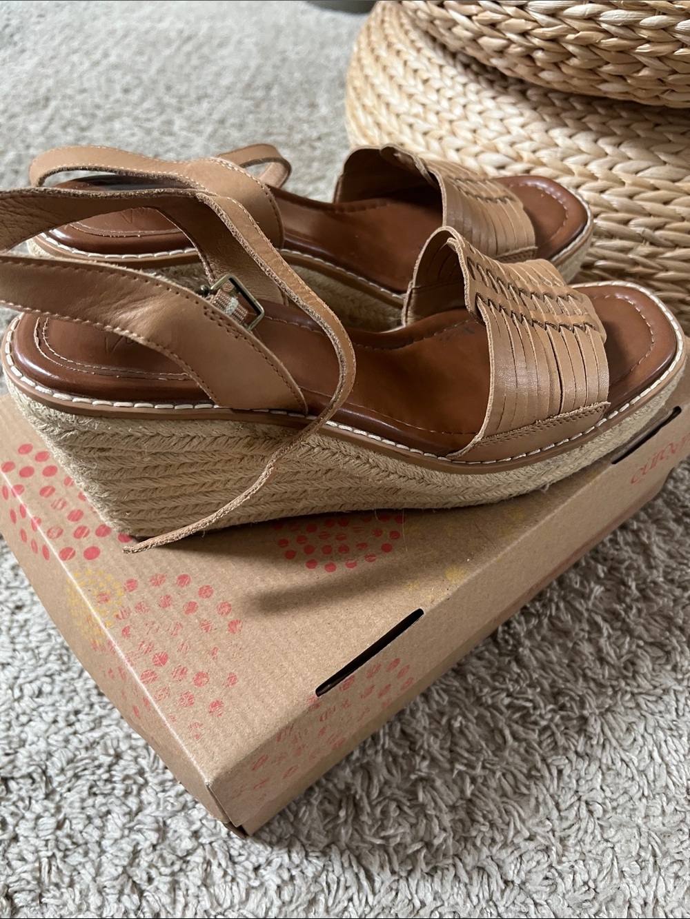 Tan Wedge Espadrille Sandals with Ankle Strap